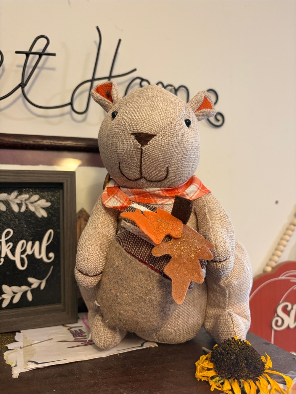 Autumn Fabric Squirrel Plush Decor in Beige and Orange